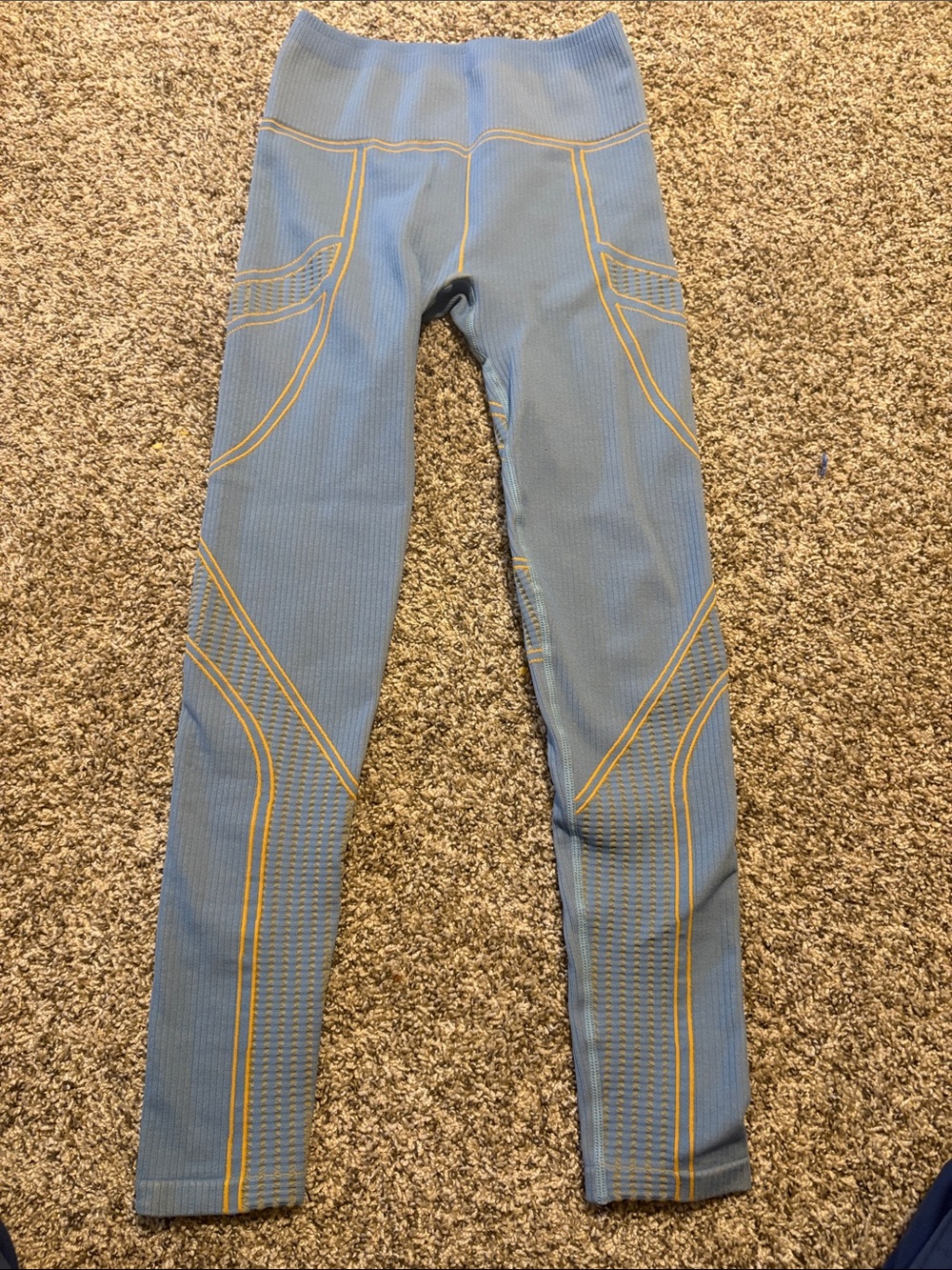 Textured Blue Active Leggings with Yellow Stitching